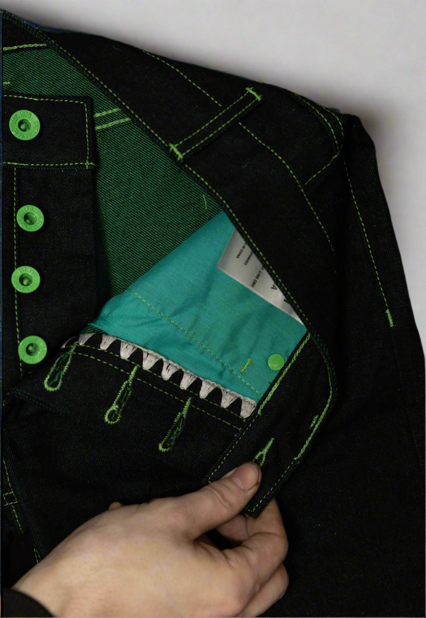 Close up of buttons and inner green material