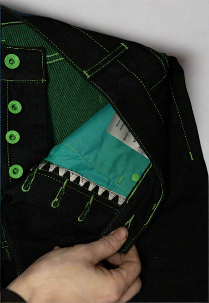 Close up of buttons and inner green material